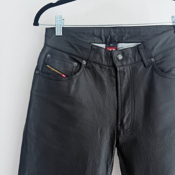 Vintage Diesel Leather Pants Womens 26 Black Y2K Flare Bootcut Low Rise Biker - Picture 4 of 16